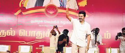 TVK chief Vijay at the party’s general body meeting in Chennai on Friday.