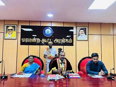Thoothukudi Mayor Jegan Periyasamy chairing the monthly meeting along with deputy mayor Jenitta Selvaraj and commissioner L Madhubalan.