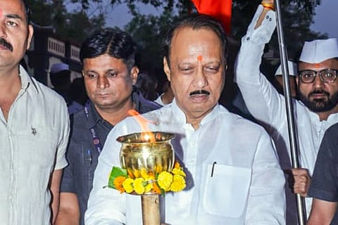 Maharashtra Deputy Chief Minister Ajit Pawar visits Samadhi Sthal of Chatrapati Sambhaji Maharaj to pay his respects on his death anniversary, at Vadu Budruk in Pune on Saturday.