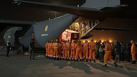 In this image posted by @DrSJaishankar via X on March 29, 2025, NDRF personnel with humanitarian aid, sent by India for the people of earthquake-hit Myanmar, after their arrival.