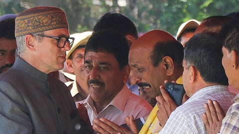 Jammu: Jammu and Kashmir Chief Minister Omar Abdullah consoles the brother of J&K Police personnel HC Jagbir Singh who lost his life during Kathua encounter, in Jammu, Saturday, March 29, 2025.