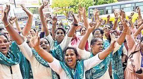 Anganwadi workers rejoice as their indefinite strike in front of the Secretariat comes to an end on Saturday