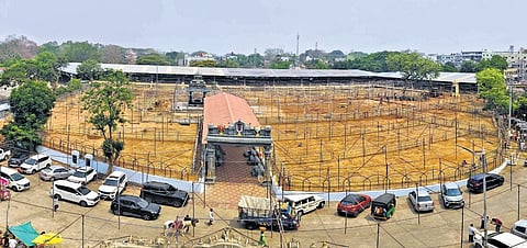 A kalyana mandapam being set up for the celestial wedding of Lord Rama and Sitadevi on April 6 in Bhadrachalam