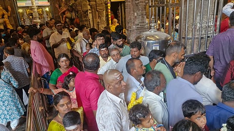 Devotees thronging the Shani temple in Thirunallar on Saturday 