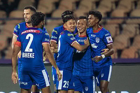 Bengaluru FC players celebrate the opening goal of the night against Mumbai City FC