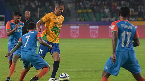 Former Brazilian striker Rivaldo (2nd from right) in action at the Jawaharlal Nehru Stadium in Chennai on Sunday