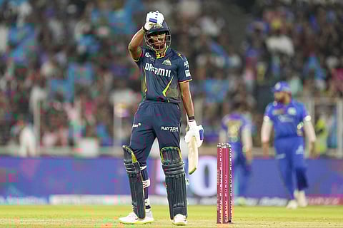 B Sai Sudarshan celebrates his fifty against Mumbai Indians