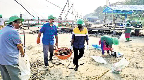 The cleaning drive held by DTPC and voluntary organisations at Fort Kochi beach on Sunday morning