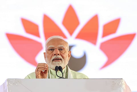 In this image provided by PMO, Prime Minister Narendra Modi addresses during the foundation stone laying of 'Madhav Netralaya', in Nagpur, Sunday, March 30, 2024.