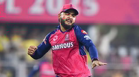 Rajasthan Royals player Riyan Parag reacts during the IPL 2025 T20 cricket match between RR and CSK, at Barsapara Cricket Stadium, in Guwahati, Assam, Sunday, March 30, 2025.