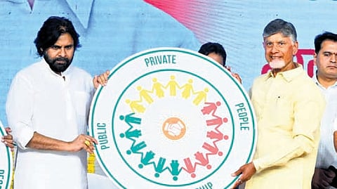 Chief Minister Nara Chandrababu Naidu and Deputy CM Pawan Kalyan unveiling the logo of P4 at Velagapudi.