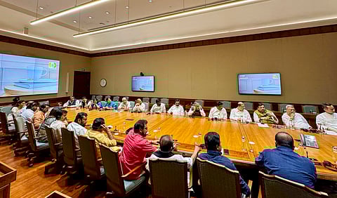 In this image released by @INCIndia via X on April 1, 2025, floor leaders of the INDIA bloc during a meeting at Parliament House, in New Delhi.