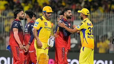 Royal Challengers Bengaluru's Virat Kohli being congratulated by Chennai Super Kings' captain Ruturaj Gaikwad after RCB won an Indian Premier League (IPL) 2025 T20 in Chennai, Friday, March 28, 2025.