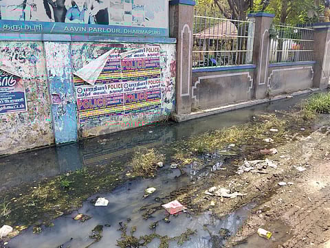 Pictures of clogged drains near the Aavin park within the Dharmapuri Municipality.