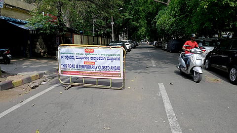 Road blocked for white topping at Chamarajpet in Bengaluru.