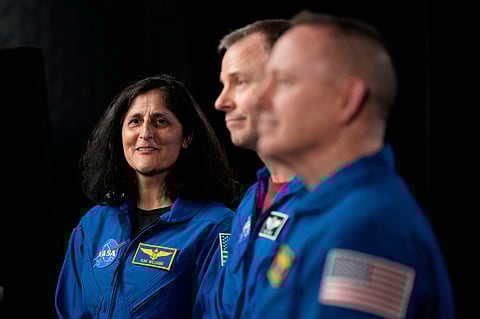 Astronauts Suni Williams, from left, Nick Hague, and Butch Wilmore are interviewed at Johnson Space Center on Monday, March 31, 2025, in Houston