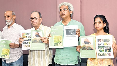 Prof G Haragopal and other activists during a press conference on Kancha Gachibowli land auction issue at the Press Club in Hyderabad on Wednesday