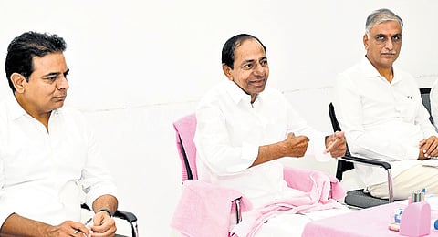 BRS president and former chief minister K Chandrasekhar Rao addressing party workers from Nizamabad and Medak at Erravalli farm house on Wednesday