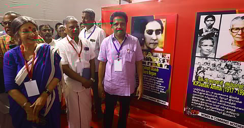 CPM Polit Bureau member Brinda Karat witnessing the party historical events exhibition at Tamukkam ground in view of CPM's 24th congress.