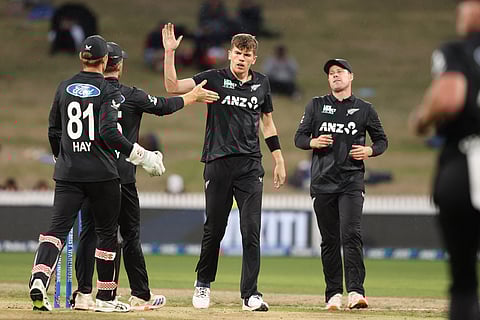 New Zealand's Ben Sears (C) celebrates the wicket of Pakistan’s Faheem Ashraf during the 2nd ODI cricket match between New Zealand and Pakistan at Seddon Park in Hamilton on April 2, 2025.
