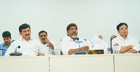 DY CM Bhatti Vikramarka Mallu addressing the media during a press conference at the secretariat.