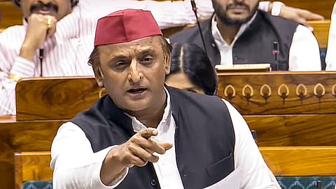 Samajwadi Party MP Akhilesh Yadav speaks in the Lok Sabha during the Budget session of Parliament, in New Delhi, Wednesday, April 2, 2025.