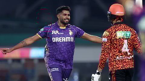 Kolkata Knight Riders' Harshit Rana (L) celebrates the wicket of Abhishek Sharma of Sunrisers Hyderabad on Thursday 