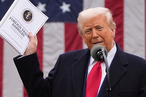 President Donald Trump speaks during an event to announce new tariffs in the Rose Garden at the White House 