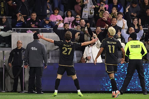 Nathan Ordaz #27 celebrates after scoring the team's first goal during the CONCACAF Champions Cup 2025 Quarter-final first leg match between  Los Angeles FC and Inter Miami at BMO Stadium on April 02, 2025 in Los Angeles, California. 