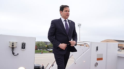 US Secretary of State Marco Rubio boards his plane at Joint Base Andrews, Md., Wednesday, April 2, 2025, en route to NATO in Belgium. 