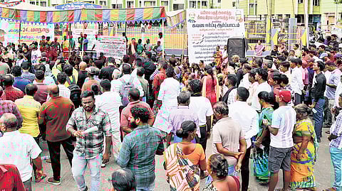 Fishermen from 10 villages staging a protest against beach projects on Loop Road on Thursday 