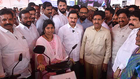MA&UD Minister P Narayana and Vijayawada West MLA Sujana Chowdary during the inauguration of Suajan Service Centre on Wednesday.