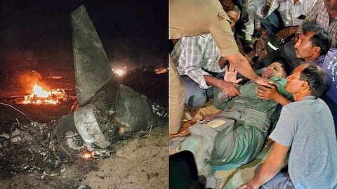 Wreckage at the site after a Jaguar fighter jet of the Indian Air Force crashed while on a training mission (L), Security personnel and other civilians tend to one of the pilots who ejected safely after crash.
