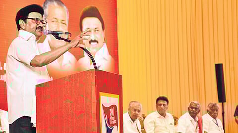 Stalin addressing a seminar at the CPM party congress on Thursday