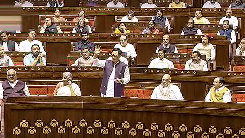 Union Minister of Minority Affairs Kiren Rijiju speaks in the Rajya Sabha during the Budget session of Parliament, in New Delhi, Thursday, April 3, 2025.
