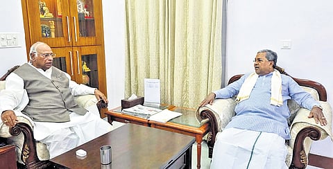 CM Siddaramaiah meets AICC president Mallikarjun Kharge in New Delhi on Friday