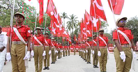 Red Volunteers parade during the CPMs 24th Party congress at Tamukkam ground in Madurai on Wednesday 02/04/2025.