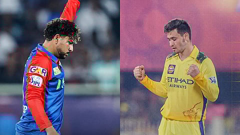 Delhi Capital's Kuldeep Yadav (L) and CSK's Noor Ahmad