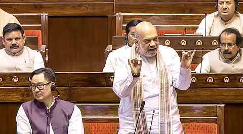 Union Home Minister Amit Shah speaks in the Rajya Sabha during the Budget session of Parliament, in New Delhi, Thursday, April 3, 2025. 