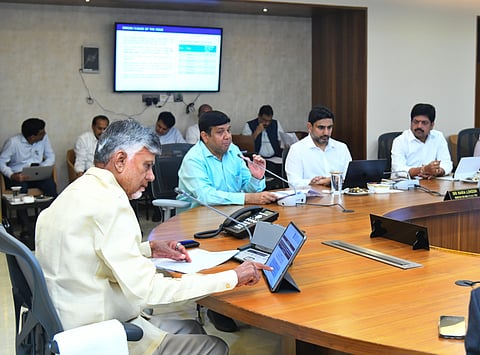 CM Nara Chandrababu Naidu during meeting with his cabinet ministers at Secretariat on Thursday. 