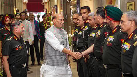 Defence Minister Rajnath Singh meets commanders during the Army Commanders Conference, in New Delhi, Thursday, April 3, 2025. Chief of Army Staff General Upendra Dwivedi is also seen.