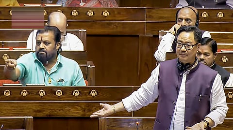 New Delhi: Union Minister Kiren Rijiju speaks in the Rajya Sabha during the Budget session of Parliament, in New Delhi, Thursday, April 3, 2025. 