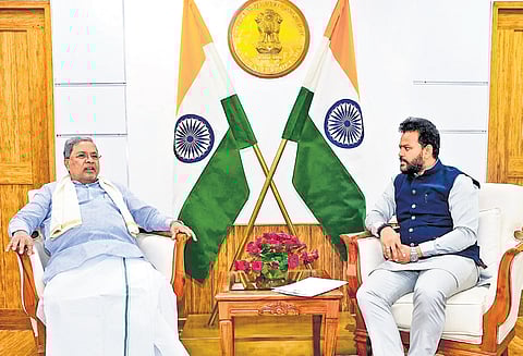 Chief Minister Siddaramaiah calls on Civil Aviation Minister Kinjarapu Ram Mohan Naidu in New Delhi on Friday 