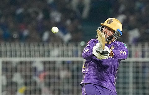 Kolkata Knight Riders' Venkatesh Iyer plays a shot during an IPL 2025 match between Sunrisers Hyderabad and Kolkata Knight Riders, at Eden Gardens in Kolkata, Thursday, April 3, 2025. 