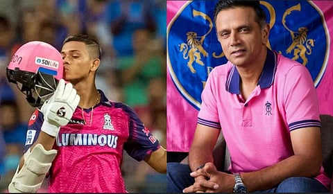 Yashasvi Jaiswal during his maiden IPL century with the Rajasthan Royals (L); RR mentor Rahul Dravid 