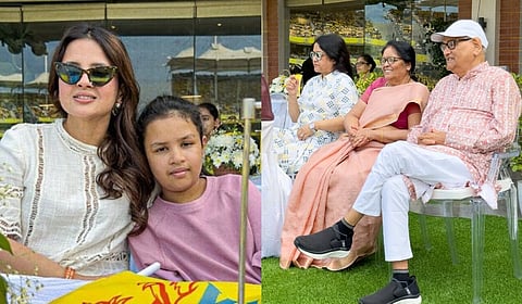 MS Dhoni's wife and daughter (L) and his parents at the CSK vs DC match at the MA Chidambaram Stadium, Chennai.