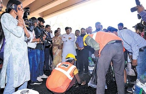 During the live demonstration, both waterlogged and dry potholes were successfully repaired without any need for dewatering.