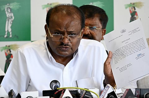 Union Minister of Heavy Industries HD Kumaraswamy addressing the media at the party office in Bengaluru on Saturday. 