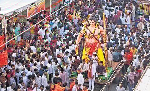 Devotees participate in Shobha Yatra on Sri Ram Navami at Puranapul in Hyderabad on Sunday.
