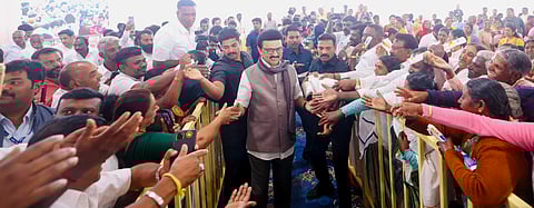 In this image released by @CMOTamilnadu via X on April 6, 2025, Tamil Nadu Chief Minister M.K. Stalin during a public meeting, in Nilgiris district, Tamil Nadu. 